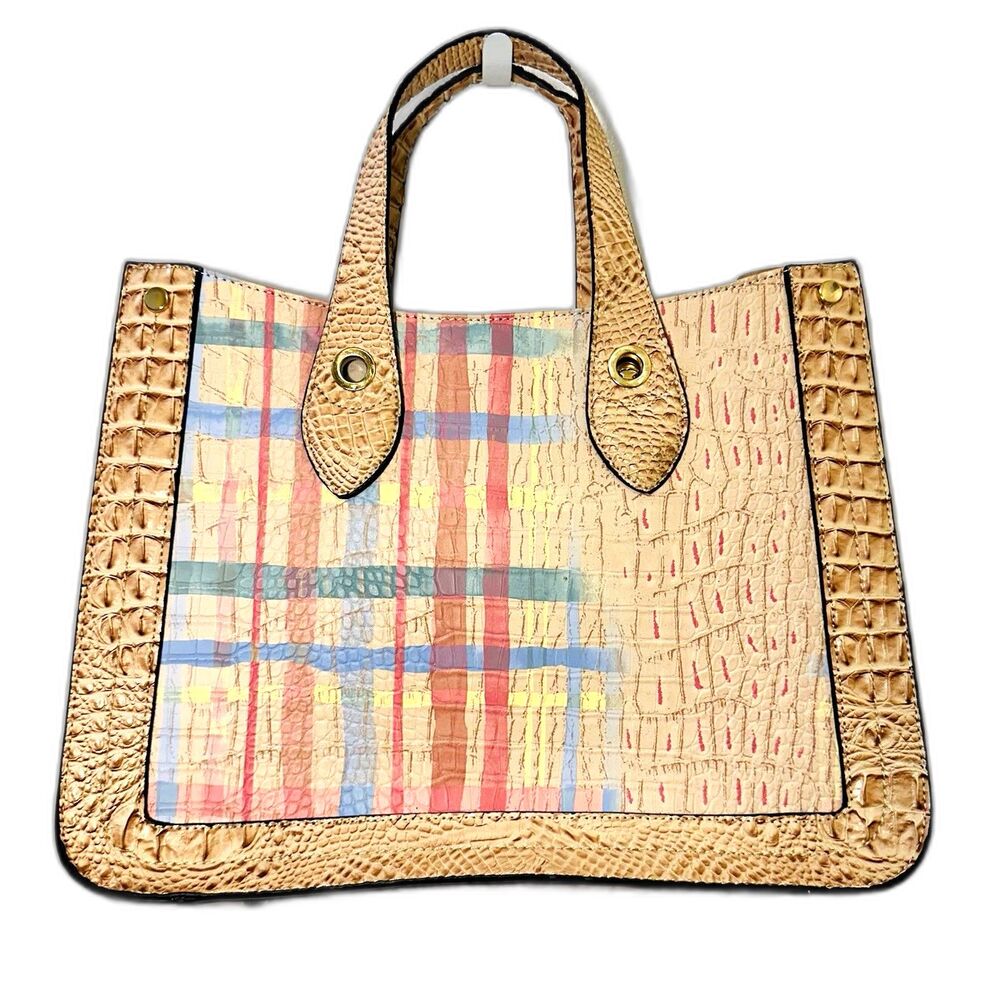 Cato Patchwork Plaid Faux Croc Embossed Tote Bag Tan Structured Shopper